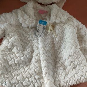 9-12 month Children’s Place faux fur white jacket with matching hat.  NWT